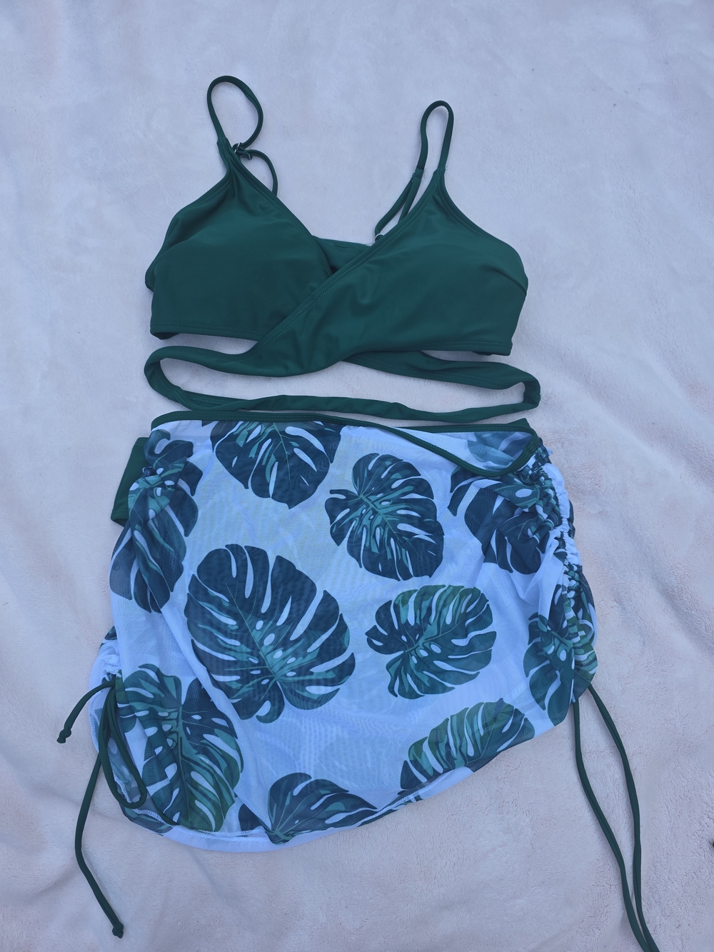 Green Leaf Print Swim Shorts with Dark Green Bikini Top